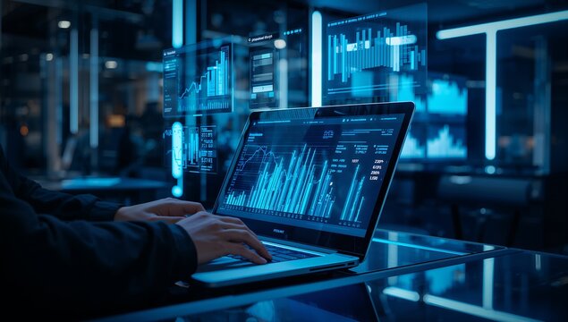Data analytics dashboard on laptop in server room with glowing charts and KPIs - Powered by Adobe