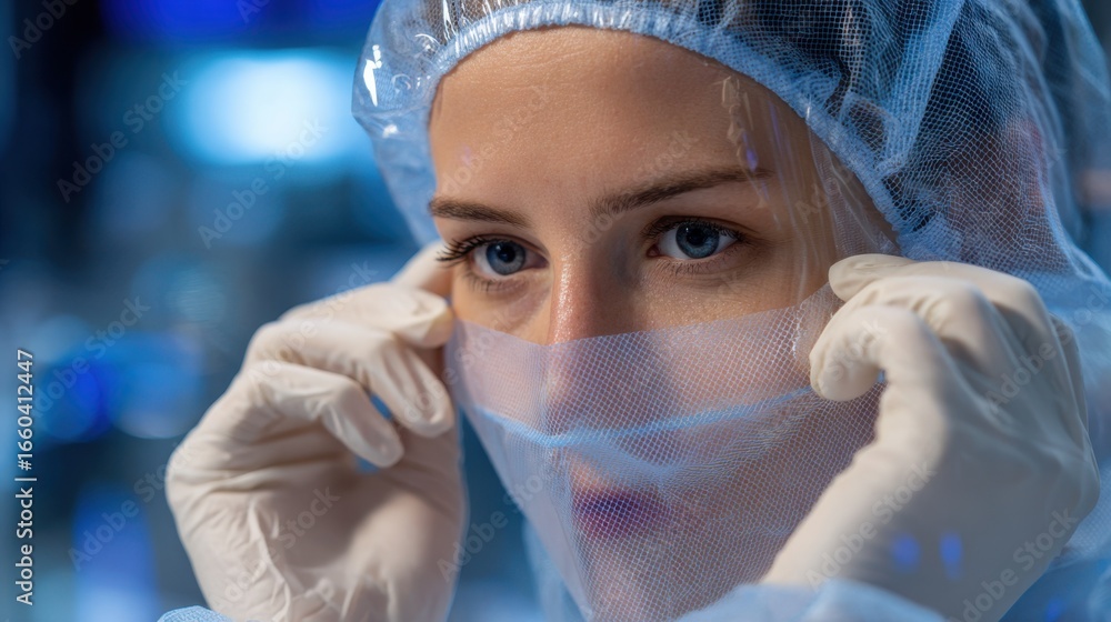Poster medium frame showing a genetherapy gmp technician adjusting a protective face mask in an iso7 suite 
