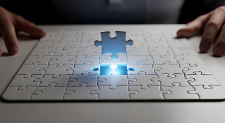 Hand Places the Final Glowing Puzzle Piece into a Bright Solution