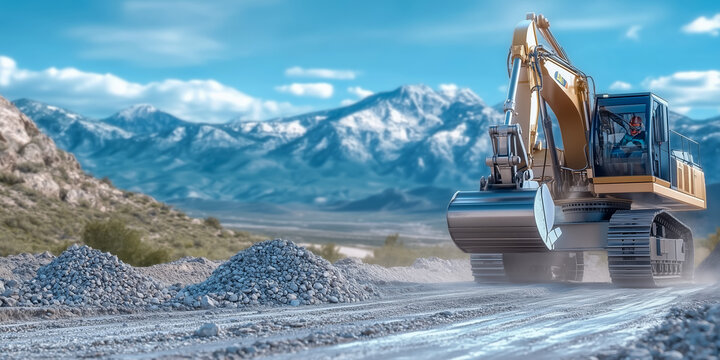 Excavator working on construction site with mountains in background