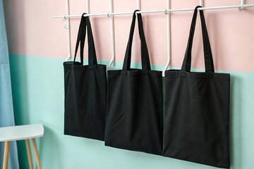Tote bags, textile design photo. Photography of three tote bags blank product showcase for advertisement. Image of product showcase ads with blank space for mockup design.