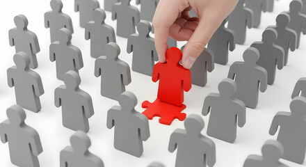 Selection Process: Hand Placing Red Human Piece Among Grey Crowd