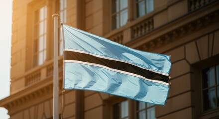Botswana National Flag Waving in Sunlight on Building – Patriotic Symbol 