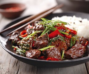Fototapeta premium Chinese spicy Szechuan beef meal on a black plate with wooden sticks over white table.