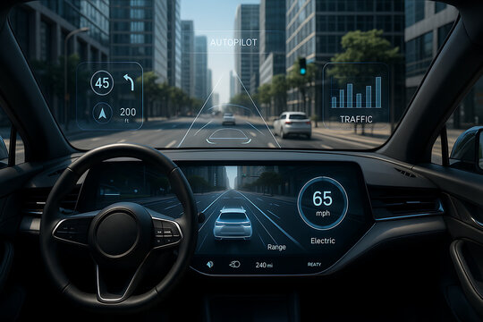 Autonomous electric car dashboard digital HUD display, futuristic self driving vehicle interior, smart mobility technology concept in modern city, advanced automotive innovation artificial intelligenc - Powered by Adobe