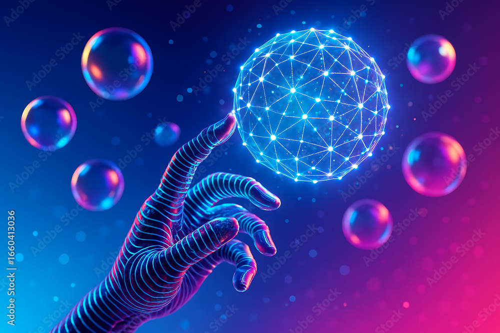Poster a human hand with an abstract digital and cybernetic design is touching a glowing network sphere in 