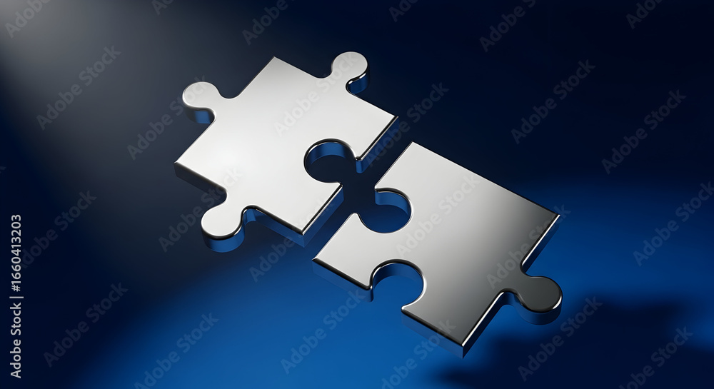 Poster two metallic puzzle pieces symbolizing connection on a deep blue background