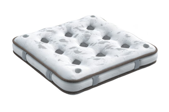 Luxurious, tufted mattress with button detailing, side grips, isolated on black