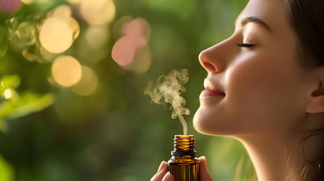 Woman inhaling aroma from essential oil bottle with blurred background.
