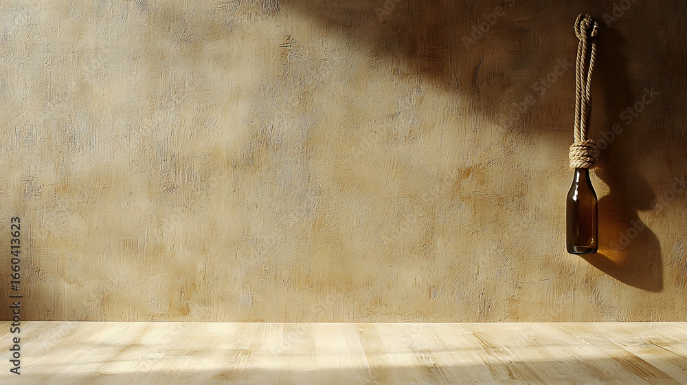 Aufkleber rustic empty background with light shadow and glass bottle hanging from a rope in a warm minimalist 