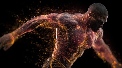 Muscular system visualization revealing glowing muscle structure during high intensity running, displaying human body performance and athletic energy flow against dark background