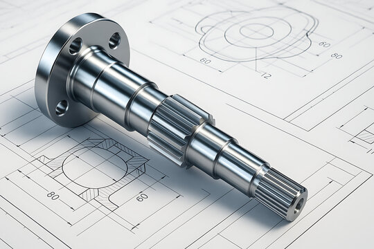 Metal shaft component on engineering blueprint, precision mechanical part design for industrial machinery, stainless steel automotive equipment, modern engineering manufacturing concept, prototype pro