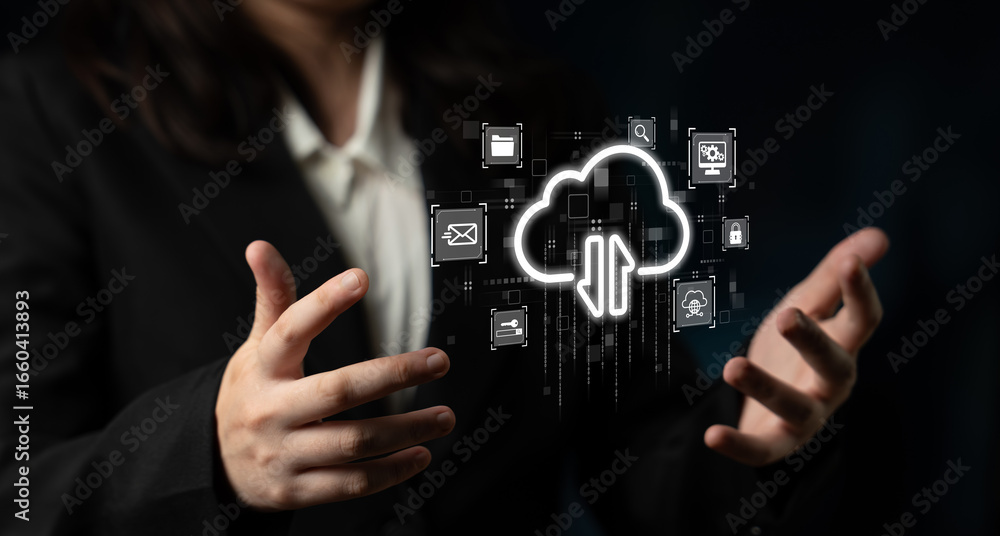 Poster cloud computing enables digital growth with secure data storage, scalable infrastructure, and strate