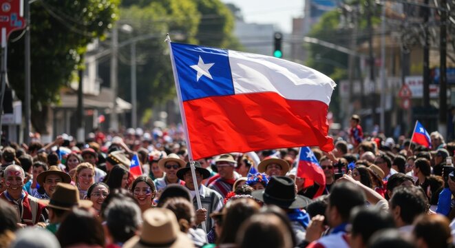 Chile Independence Day Celebration with National Flag and Festive Crowd Outdoors 