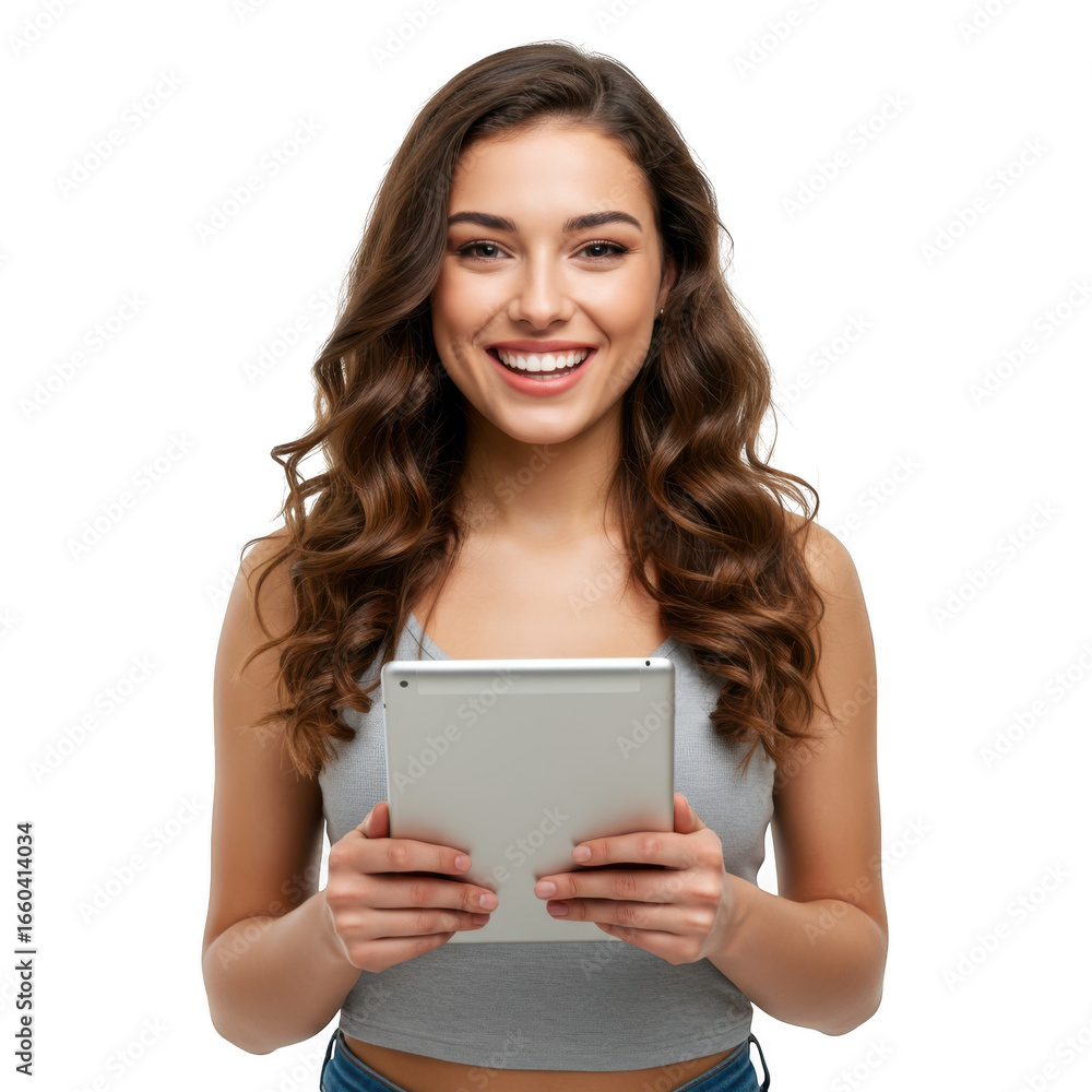 Poster smiling young woman holding a tablet computer with both hands showing a bright and friendly expressi