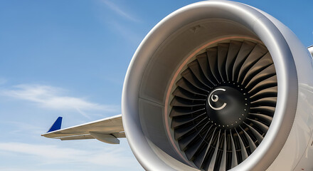 A close up of a jet engine with visible turbine blades against a blue sky and a wing section visible