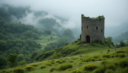 Stone Ruin Tower in Misty Green Landscape