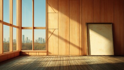 Empty room with city views and a blank picture frame.