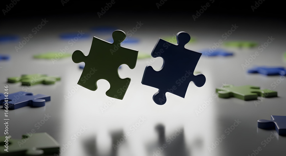 Poster two puzzle pieces floating and aligning, symbolizing connection