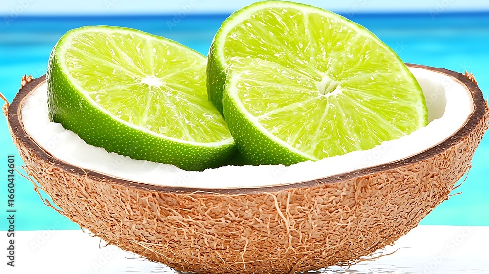 Poster freshly cut lime slices in coconut shell with sea background for refreshing summer vibes and tropica