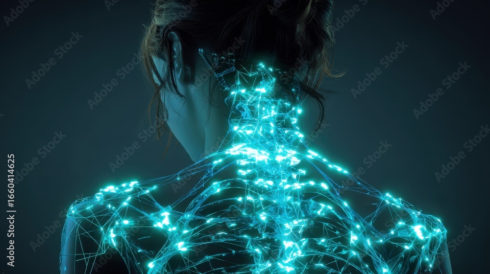 Poster glowing neural network visualization illuminating interconnected nervous system pathways across woma