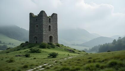Stone Ruin Tower in Misty Green Landscape