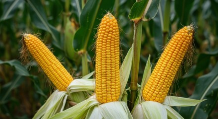 Close-Up of Fresh Yellow Corn Cobs Growing in Green Cornfield under Natural Sunlight
