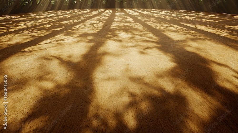 Poster beautiful sunlit forest floor with shadows of trees creating a serene nature scene in soft light