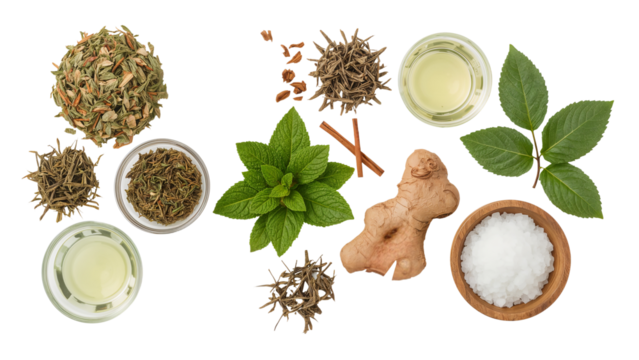 Invigorating herbal tea ingredients, natural healing with fresh mint, ginger, cinnamon and salts creating a soothing blend for wellness