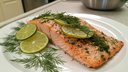 Baked Salmon Fillet with Dill and Lime Garnish
