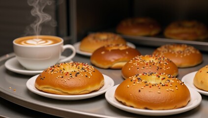 Close-up high-definition photo-realistic art showcases delectable bakery items pastries doughnuts and crullers with sweet toppings