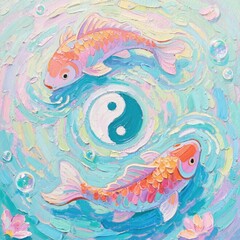 abstract colorful background with waves yin yang and color fishs oil painting, impasto technique