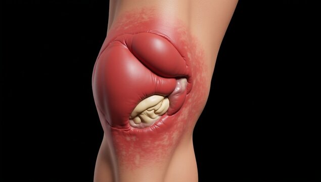 Realistic 3D image of inflamed knee joint with throbbing bone pain
