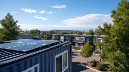 Fototapeta premium Sustainable Shipping Container Homes with Solar Panels in Community Design