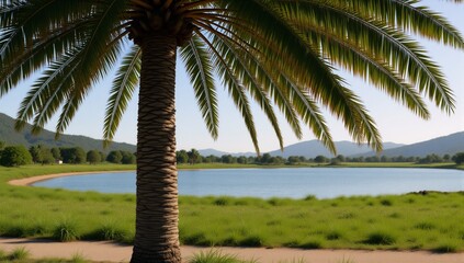 Obraz premium A solitary coconut palm stands along a country path by the riverbank