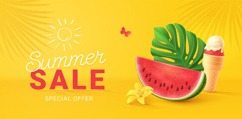 Colorful Summer Sale banner with watermelon, ice cream and palm leaf background.