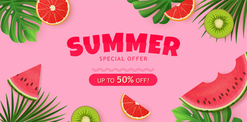 Colorful Summer Sale banner with watermelon, grapefruit, kiwi and palm leaves background.
