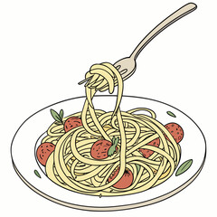 Italian food illustration with a fork and knife on a plate of pasta with tomato sauce and basil
