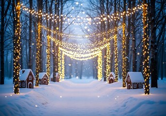 Enchanting winter forest path lined with cozy cabins and lights
