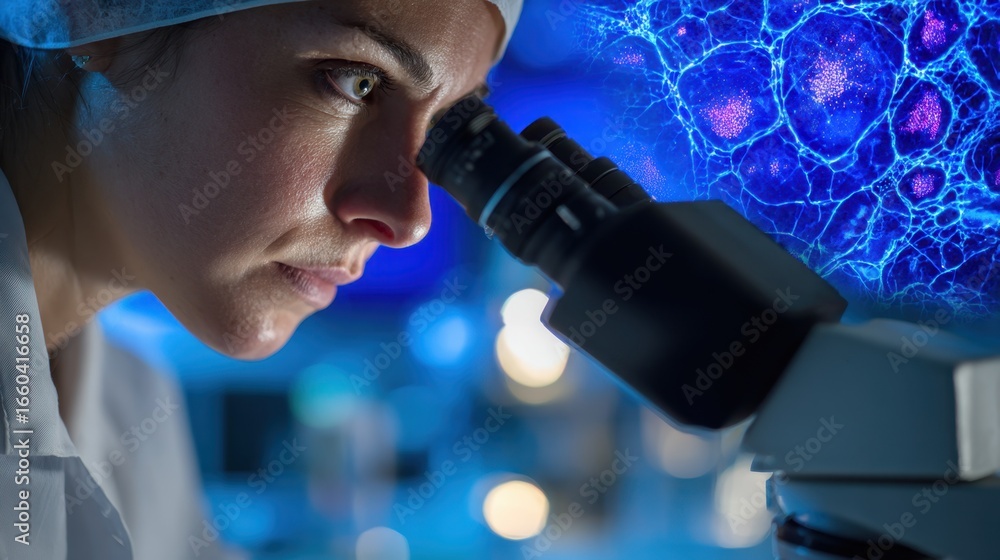 Poster medium frame showing geneediting specialist examining pig kidney cells under microscope clear detail