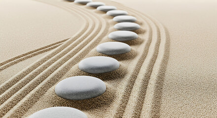 A zen garden with raked sand and a curving path of smooth white stones in a serene and calming scene