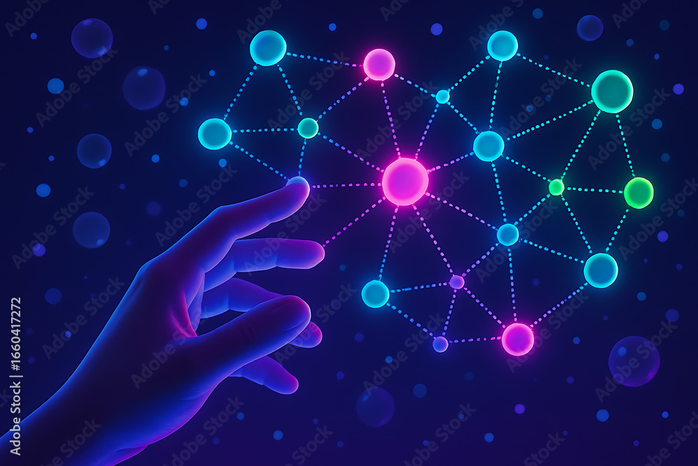 Poster an abstract human hand with a glowing digital design is touching a futuristic neural network with no