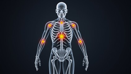 Semi-white stylized isometric view of infected human body highlights fever and joint pain areas due to Chikungunya virus