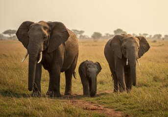 Obraz premium A proud herd of elephants standing tall in the African savanna, symbolizing strength and unity. 