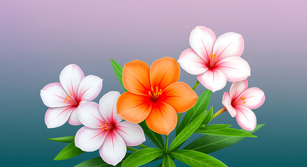 Naklejka premium Vibrant bouquet of delicate white and orange flowers with green leaves against a soft gradient background