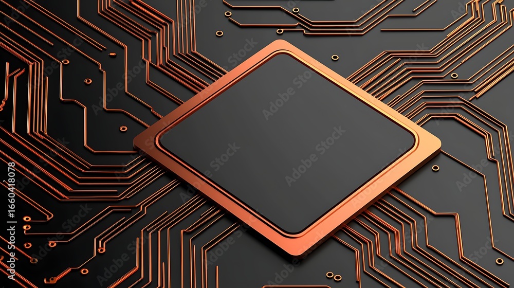 Poster abstract close-up of a microchip surrounded by intricate circuit board design with golden lines and 
