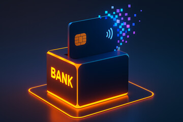 A credit card with a wireless payment symbol stands next to a miniature bank building, illustrating modern banking technology