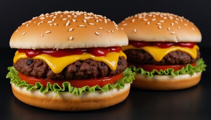 Photorealistic studio shot of a juicy cheeseburger in an enticing food advertisement