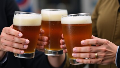 Two people toasting with beer Close-up portrait