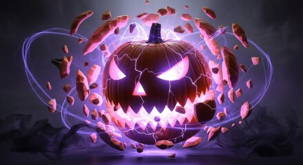 A glowing, cracked Halloween pumpkin with an evil face explodes outwards with shards and purple energy.